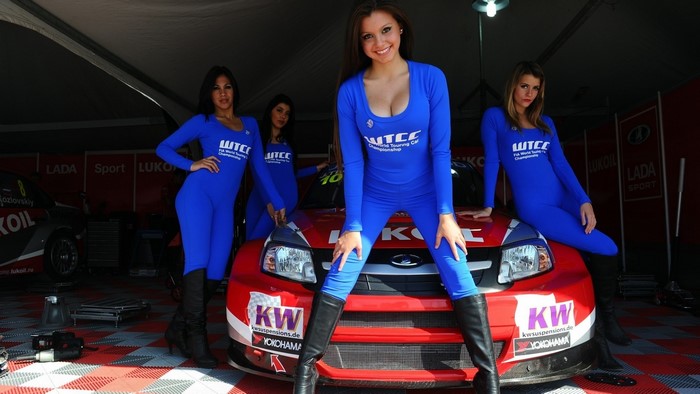 Lada Granta WTCC race car with promotional models