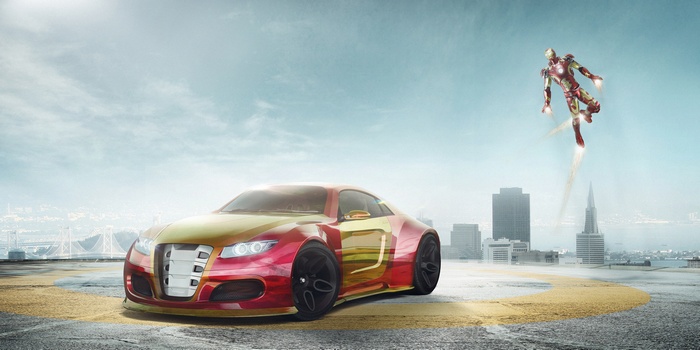 Iron Man flying near a concept supercar