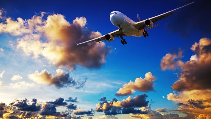 Airplane flying through clouds