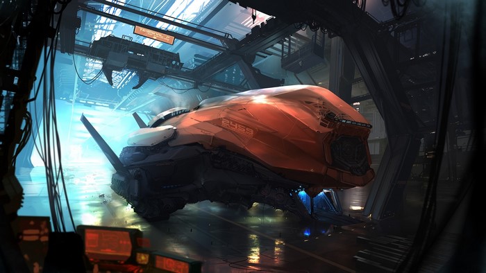 Orange Transporter Ship in Industrial Hangar