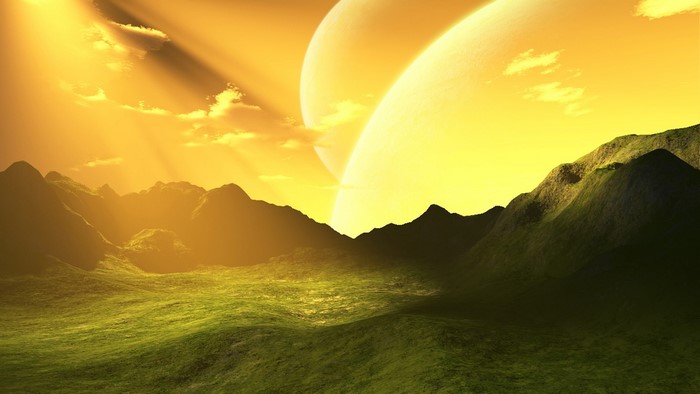 Alien landscape with two large planets in the sky