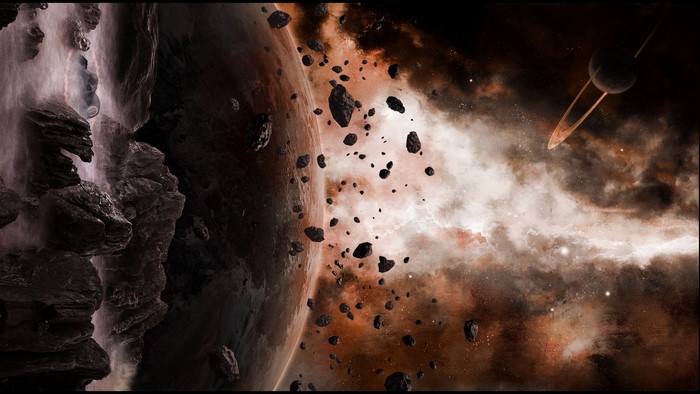 Asteroid field with planets and nebula