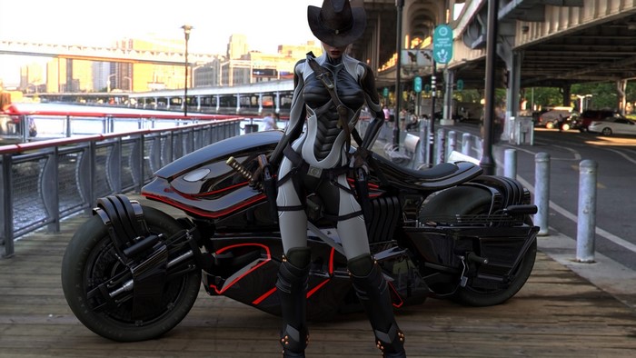 Woman in futuristic outfit with cowboy hat and motorcycle