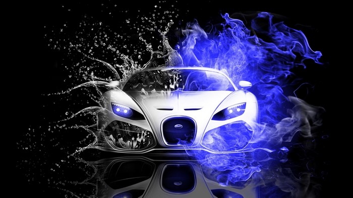 White Bugatti with Blue Flames and Water Splashes