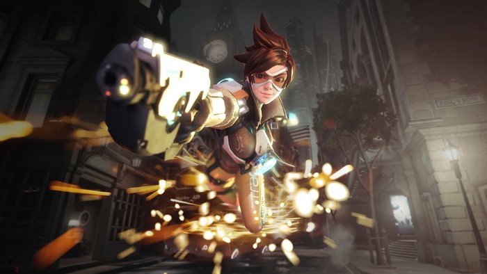 Tracer from Overwatch firing her pistols in London