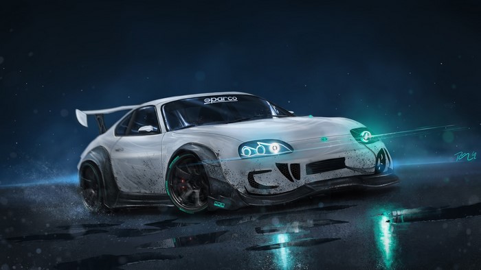 White Toyota Supra with racing modifications