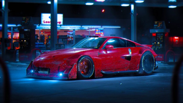 Red Nissan 350Z at gas station