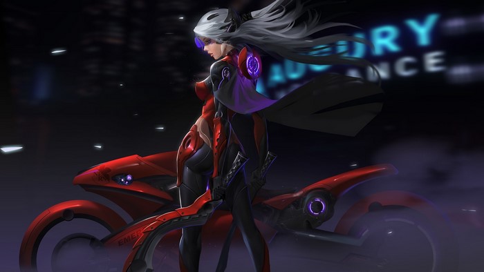 Sci-fi woman with sword and motorcycle