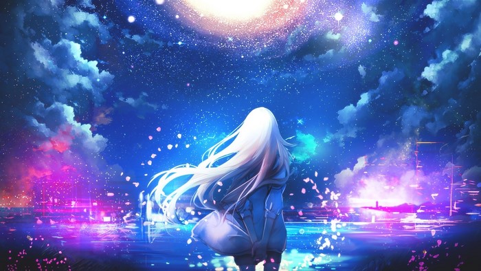 Anime girl with white hair under a starry galaxy sky