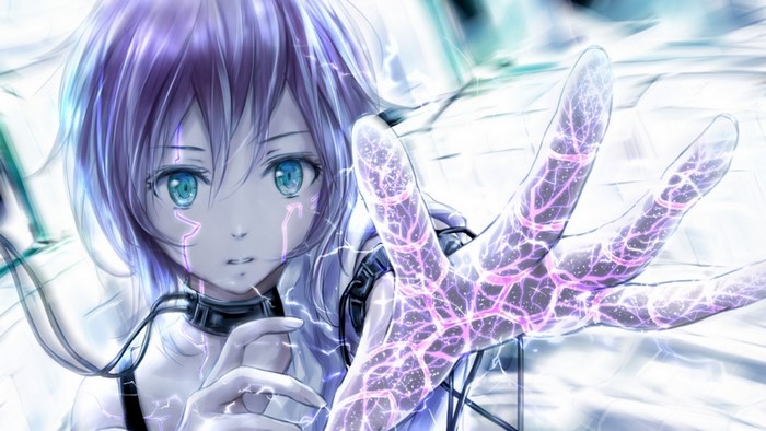 Girl with purple hair and glowing hand