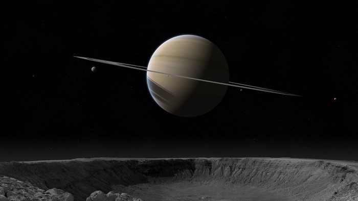 4K Saturn and its moons from a cratered surface
