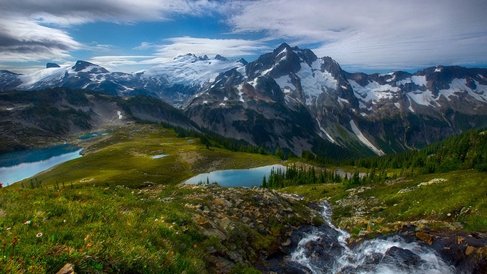 Mountain landscape with glaciers and lakes