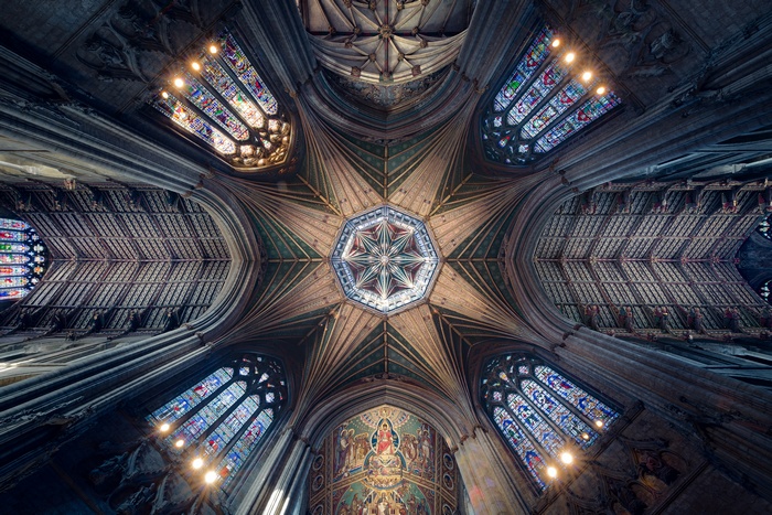 Symmetrical Cathedral Interior Ceiling Architecture 4K