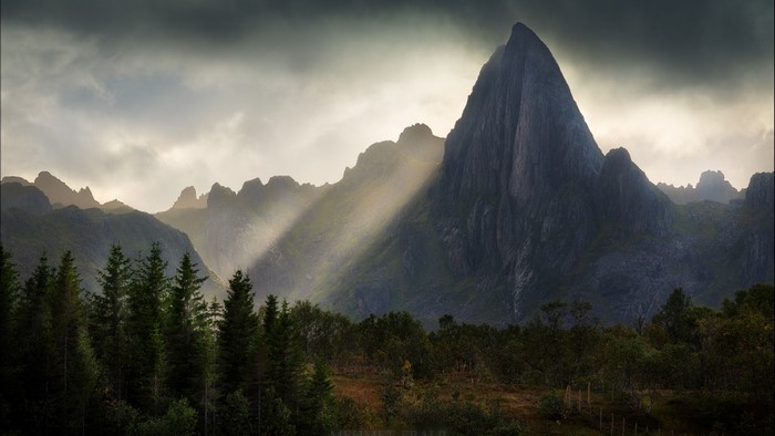 Sunbeams through mountains and forest