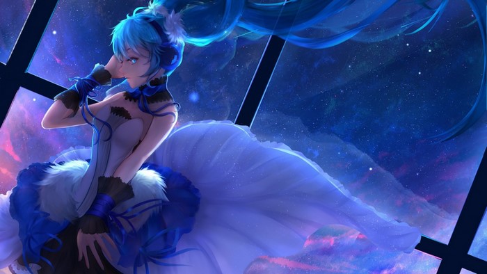 Girl from 7th Dragon in a blue dress against a starry sky
