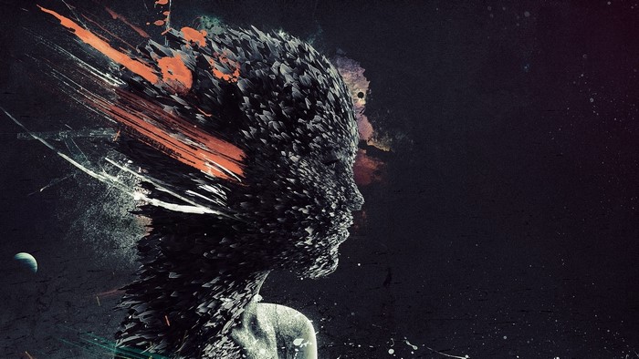 Abstract digital art of a dissolving human head