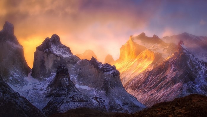 Torres del Paine mountains at sunrise