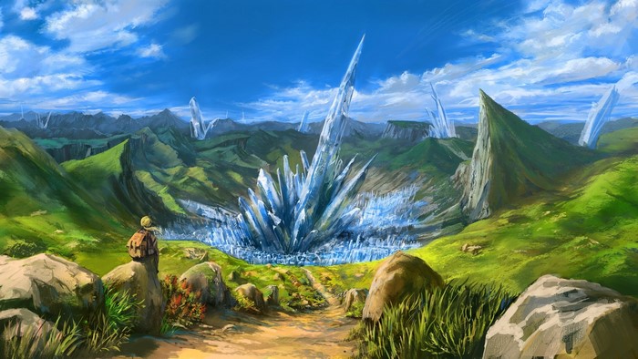 Fantasy landscape with giant crystals and a lone traveler