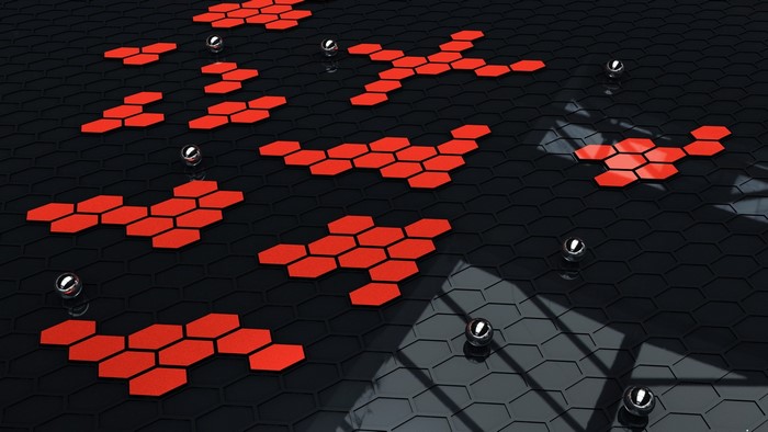 Red hexagons and silver spheres on a black honeycomb surface