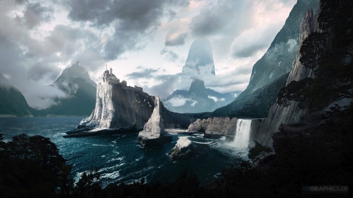 Fantasy castle on a cliff overlooking the sea