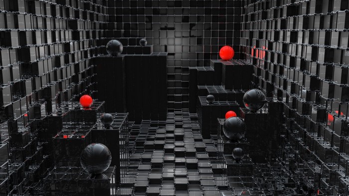 Abstract 3D render of black and red spheres in a cubic environment