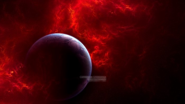 Planet in red nebula