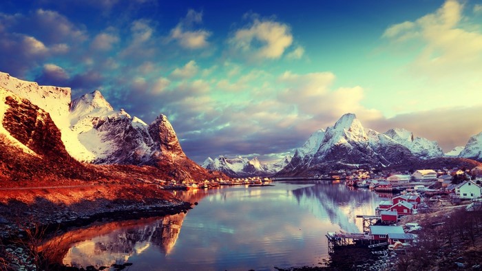 Lofoten Islands with Snow-Capped Mountains and Village