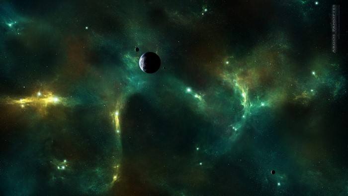 Cosmos with planets and nebulae