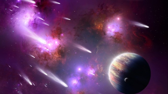 Comets and a planet in a purple nebula