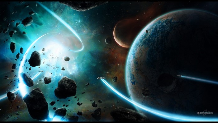 Planets and asteroids in outer space with spacecraft