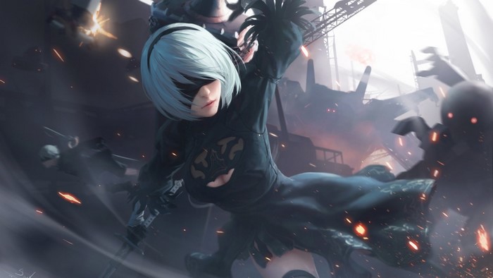 2B from NieR: Automata fighting robots