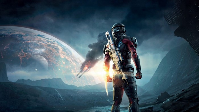 Soldier in armor with rifle on alien planet with large planet in sky