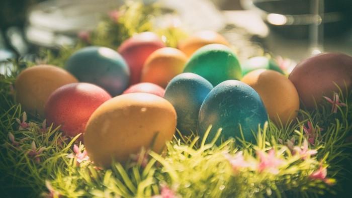 Colorful Easter eggs in grass