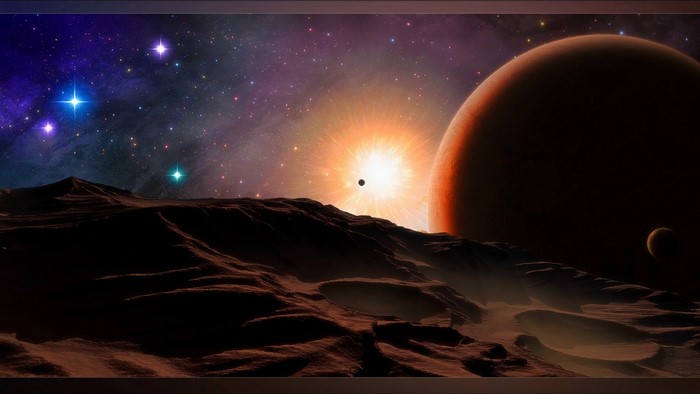 Alien planet with a bright sun and stars