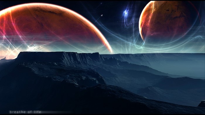 Planets over alien landscape