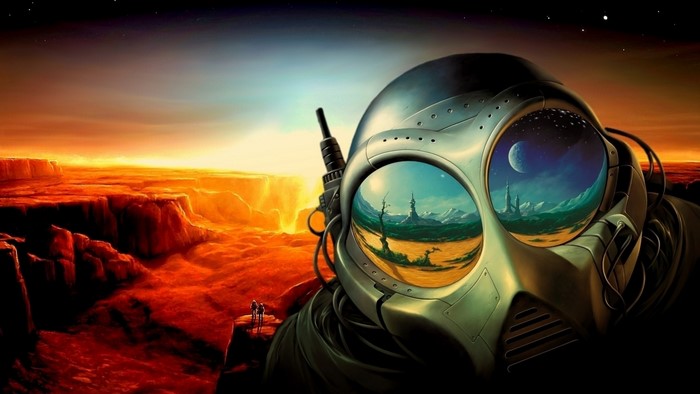 Alien landscape with astronaut mask reflection