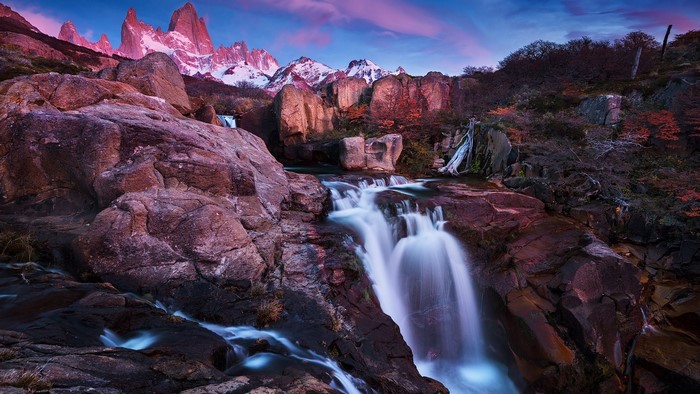 Fitz Roy Mountains and Waterfall at Sunset