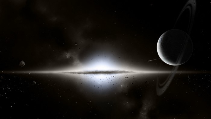 Planet with rings and asteroid belt in space