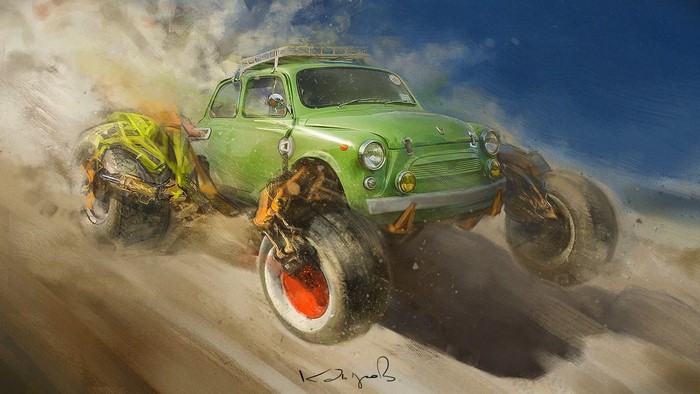 Green monster truck driving through sand