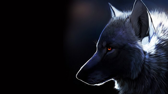 Close-up of a black wolf with glowing orange eyes