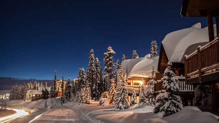 Snowy cabins and pine trees at night