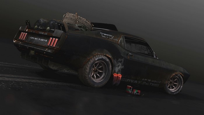 Post-apocalyptic Mustang with spare tire and explosives