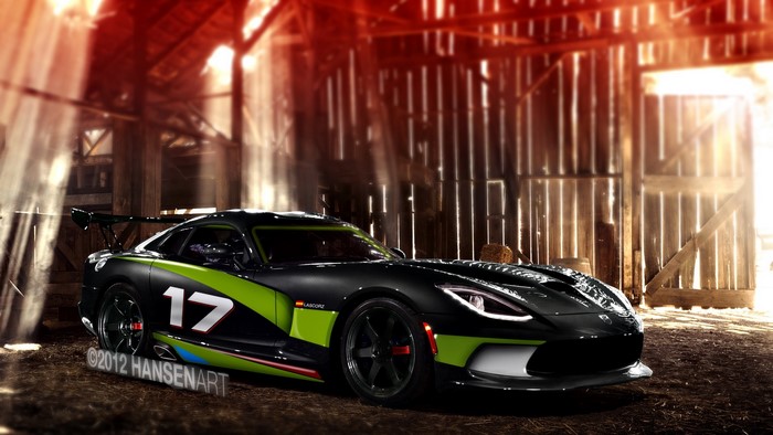 Dodge Viper with racing livery in a barn