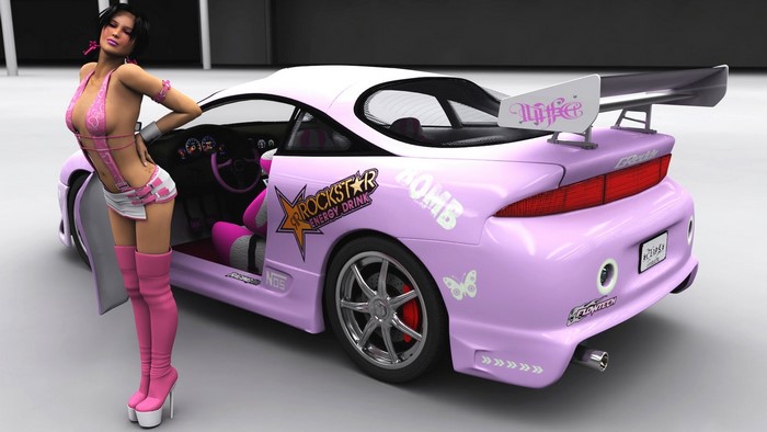 Woman in pink outfit next to a pink car