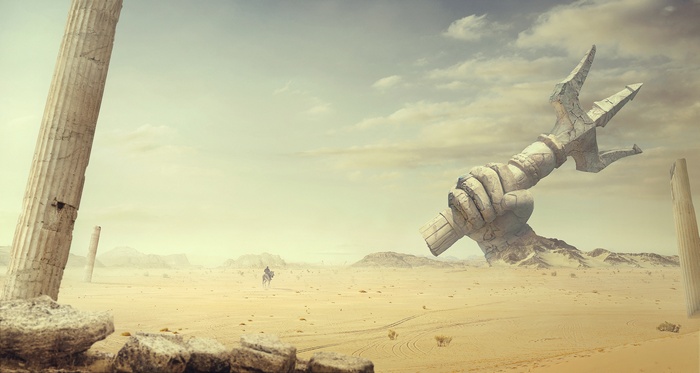 Giant Poseidon's Trident in Desert Ruins