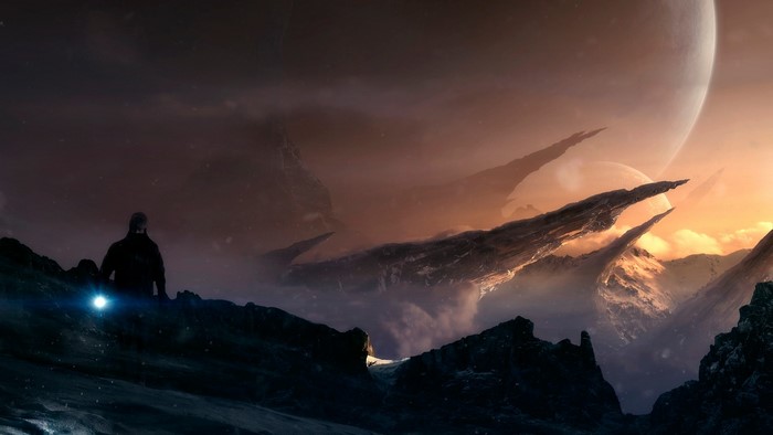 Man with flashlight on alien planet with moons
