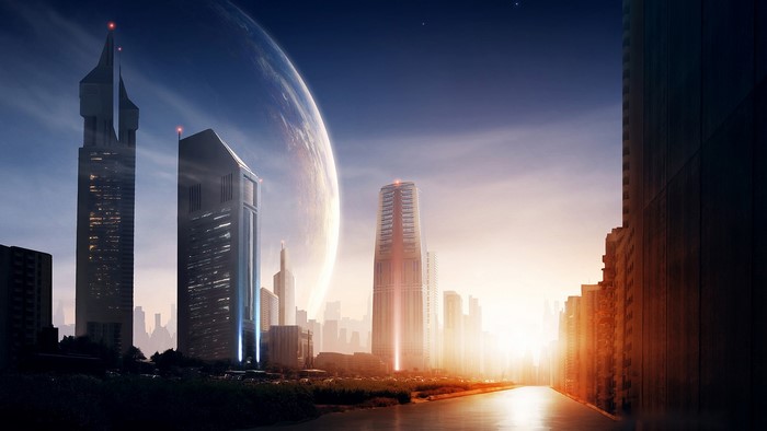 Futuristic Cityscape with a Planet in the Sky at Dawn