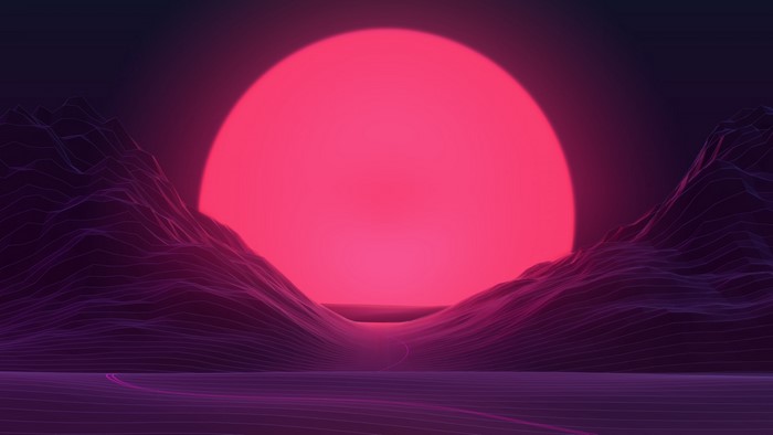 Neon Sunset Over Wireframe Mountains