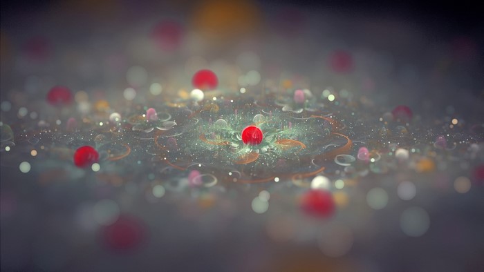 Abstract fractal art with red spheres and bokeh