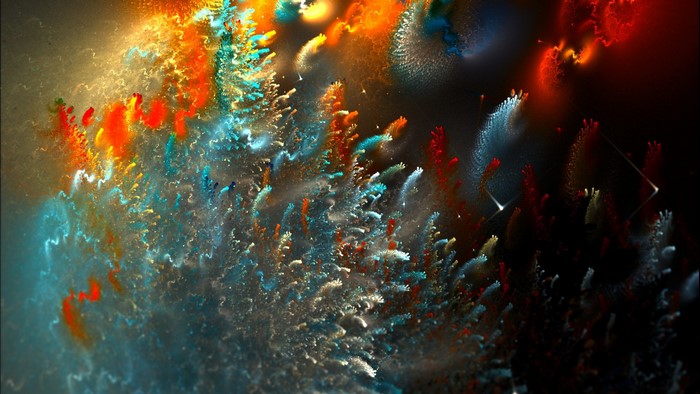 Abstract fractal art with red, blue, and gold colors